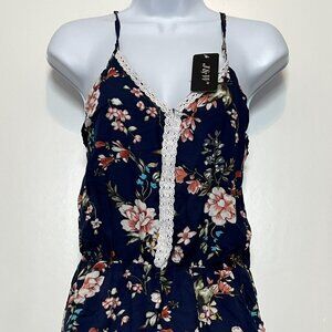 NWT Boho Chic Cottage Feminine Navy/Floral Romper w/Crochet Trim Women's L/XL